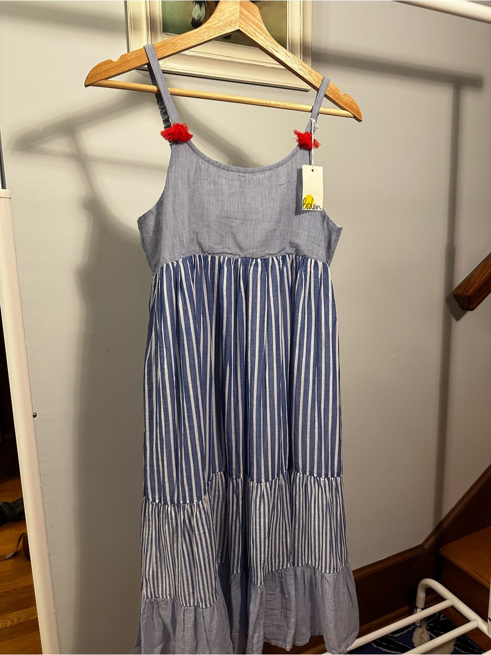 Boden Blue and White Striped Sundress with pink/red Pom-Strap Accents NWT
